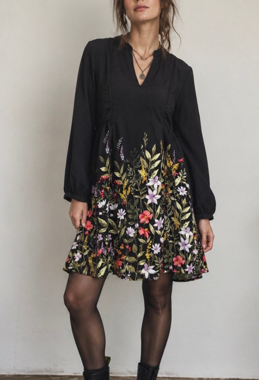 Vintage old navy babydoll long bell sleeve mini dress fairy whimsigoth floral M